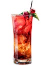 Alcoholic cocktail singapore sling with ice cubes, lemon, mint, cherry in watercolor technique. Cooling summer drink Royalty Free Stock Photo