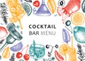 Alcoholic cocktails background. Glass of margarita, mojito, Pina colada, cosmopolitan, tequila sunrise banner design. Hand-