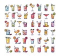 Alcoholic cocktails big vector set. Hand drawn style drinks with fruits, ice cubes, straws, in various colors. Martini Royalty Free Stock Photo