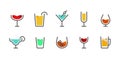 Alcoholic cocktails line icons set. Abstract symbols of beverages wine, gin, whiskey, champagne, beer. Editable vector stroke Royalty Free Stock Photo