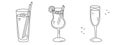 Alcoholic cocktails set, long drink beverages for holiday celebrating. Use for decorating design festive menu. Hand-drawn doodle