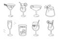 Alcoholic cocktails set, long drink beverages for holiday celebrating. Use for decorating design festive menu. Hand-drawn doodle