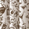 Alcoholic cocktails sketch vector pattern with vintagebeverages. Ink hand drawn coctail drinks and ingredients