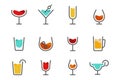 Alcoholic cocktails line icons set. Abstract symbols of beverages wine, gin, whiskey, champagne, beer. Editable vector stroke