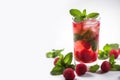Alcoholic cold cocktail raspberry mojito with berries, ice cubes and green mint leaves on a white background