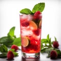 Alcoholic cold cocktail raspberry mojito with berries, ice cubes and green mint leaves on a white background