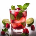 Alcoholic cold cocktail raspberry mojito with berries, ice cubes and green mint leaves on a white background