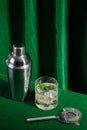 alcoholic drink with blueberry and mint leaf, with mixology utensils on green background for bartender