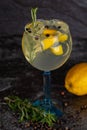 Alcoholic drink gin and tonic cocktail with lemon, rosemary and ice on concrete background. space for text Royalty Free Stock Photo