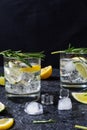 Alcoholic drink gin tonic cocktail with lemon, rosemary and ice on stone table Royalty Free Stock Photo