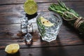 Alcoholic drink - gin tonic cocktail - with lime, rosemary and ice on rustic wooden table Royalty Free Stock Photo