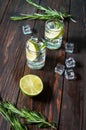 Alcoholic drink - gin tonic cocktail - with lime, rosemary and ice on rustic wooden Royalty Free Stock Photo