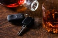 Alcoholic drink in a glass and car keys on a wooden desk. Drunk driving concept Royalty Free Stock Photo