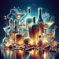 Alcoholic drinks with art and stylebottles and glasses of different alcoholic drinks. Royalty Free Stock Photo