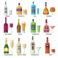 Alcoholic drinks in bottles and glasses flat vector icons set Royalty Free Stock Photo
