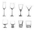 Alcoholic drinks in glasses Empty realistic glasses set for different alcohol drinks and cocktails isolated on white background Royalty Free Stock Photo