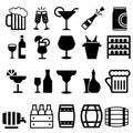 Alcoholic drinks icons vector set. Alcohol illustration symbol collection. Glass, bottle, barrel sign or logo.