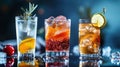Alcoholic drinks for parties: three different cocktails in glasses with ice and pieces of fruit stand in row on dark Royalty Free Stock Photo