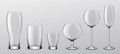 Alcoholic drinks realistic glass glasses. Realistic alcohol cocktail, wine stemware, beer goblet and strong drink shot