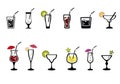 Alcoholic drinks set. Glass of champagne, margarita, brandy, whiskey with ice, cocktail, wine, vodka, tequila and cognac. Isolated
