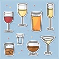 Alcoholic drinks stickers flat vector style.White and red wine, beer, champagne,whiskey, cognac, martini, tequila Royalty Free Stock Photo