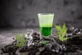 Alcoholic Green mexican cocktail in shot glass shooters. Cool drink from strong vodka, whiskey and sweet liqueurs. Royalty Free Stock Photo