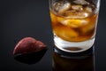 Alcoholic liver damage and cirrhosis concept with a liver next to a glass of alcohol. Cirrhosis is most commonly caused by Royalty Free Stock Photo