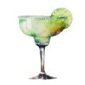 Alcoholic margarita cocktail with ice cubes, lime, lemon in watercolor technique. Cooling summer drink with ice in a Royalty Free Stock Photo