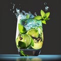 Alcoholic mojito cocktail in a glass with mint leaves, green lime slices and ice cubes, flying splashes next to it Royalty Free Stock Photo