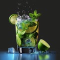 Alcoholic mojito cocktail in a glass with mint leaves, green lime slices and ice cubes, flying splashes next to it Royalty Free Stock Photo