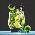 Alcoholic mojito cocktail in a glass with mint leaves, green lime slices and ice cubes, flying splashes next to it Royalty Free Stock Photo