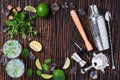 Alcoholic mojitos and bartending tools Royalty Free Stock Photo