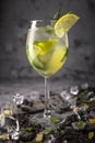 Alcoholic or non-alcoholic cocktail with lemon citrus and ginger with added liqueur, vodka, champagne or martini. Royalty Free Stock Photo