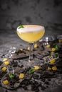 Alcoholic or non-alcoholic cocktail with lemon citrus and ginger with added liqueur, vodka, champagne or martini. Royalty Free Stock Photo