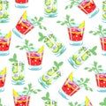 Alcoholic or nonalcoholic cocktails, mojito and cosmopolitan seamless pattern