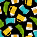 Alcoholic pattern seamless. Drunk bottle beer and Whiskey cartoon background