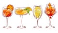 Alcoholic summer cocktail collection aperol, limoncello, hugo, campari spritz. Set of alcoholic cocktails. Vector