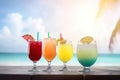 Alcoholic tropical cocktails on a blurred beach background. Generative AI