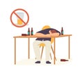 Alcoholism Concept. Drunk Man Hangover Syndrome due to Alcohol Addiction. Male Character Sleeping on Table with Bottles