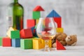 Alcoholism issue. Broken Toy Blocks City, Baby House Building Br