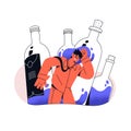 Alcoholism problems, addiction lineart concept. Addicted drunk man with hangover. Sad drunkard suffers from wine bottles