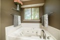 Alcove bathtub with deck mounted faucet near the window