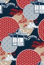 Alcove bridge maple circles japanese chinese vector design pattern blue red