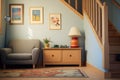 alcove under stairs, throw rug, and mystery novels