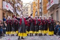 Alcoy, Spain - April 22, 2016: People dressed as Christian legion marching in annual Moros y Cristianos parade in Alcoy, Spain on