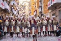 Alcoy, Spain - April 22, 2016: People dressed as Christian legion marching in annual Moros y Cristianos parade in Alcoy, Spain on