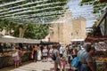 Alcudia, Spain - 9 July, 2023: Market day in the Old town of Alcudia, Mallorca