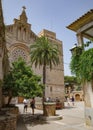 Alcudia, Spain - 9 July, 2023: Sant Jaume Church and castle walls, Alcudia, Mallorca