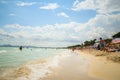 Alcudia, Spain 04.09.2011 - People sunbathing at sandy beach of Playa de Muro. Mallorca island famous tourist destination Royalty Free Stock Photo