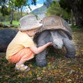 Aldabra giant tortoise and child Royalty Free Stock Photo